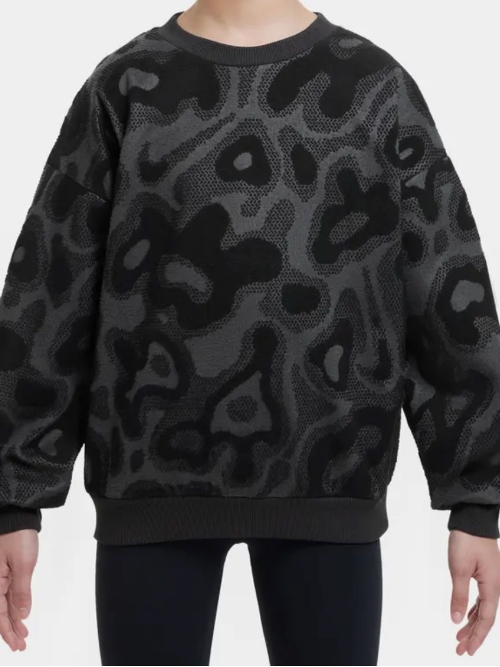 Big kids Nike Oversized Animal-Print Crewneck Sweater in Charcoal Black nwt s